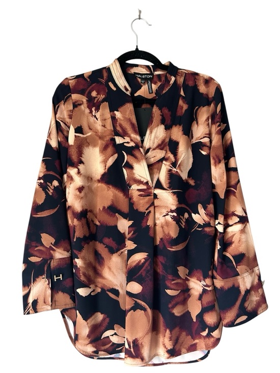 H by Halston Tops - Halston Women's Long Sleeve Tunic Top Floral Satin Blouse in Black & Copper XSP